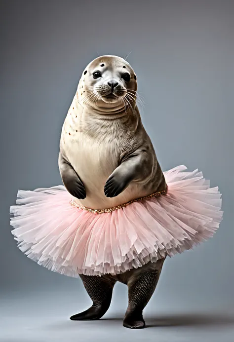 photorealistic portrait of Dressed animals - a fat seal ballet dancer,( ballet action posing), fluffy body, high quality,(lovely) ,intricate details, highly detailed ((female ballet costume)) ,highly detailed tutu, (happy), studio lighting,(full body image...