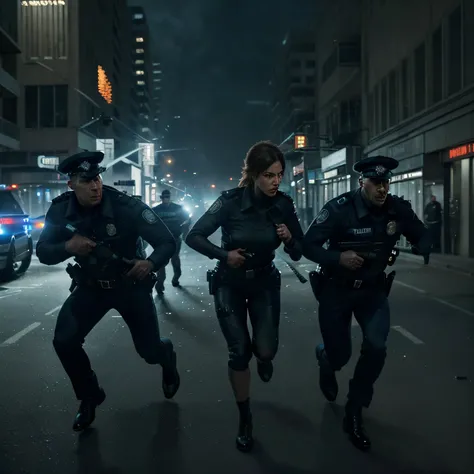 Policemen running to the crime scene, realistic lighting, intense action, police sirens, urgent atmosphere, fast-paced movement, focused expressions, detailed police uniforms, professional equipment, city setting, dramatic perspective, high-quality cinemat...