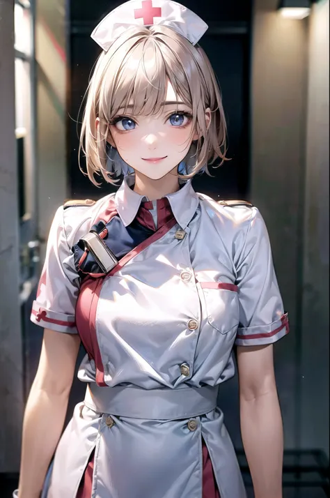 ((((perfect anatomy, anatomically correct, super detailed skin)))), 1 girl, japanese, 19 years old, nurse, white skin, shiny skin, large breasts:0.5, watching the view, (smile:1.5), 
beautiful detailed eyes, (short hair:1.2, bob cut:1.2), blonde hair, blue...