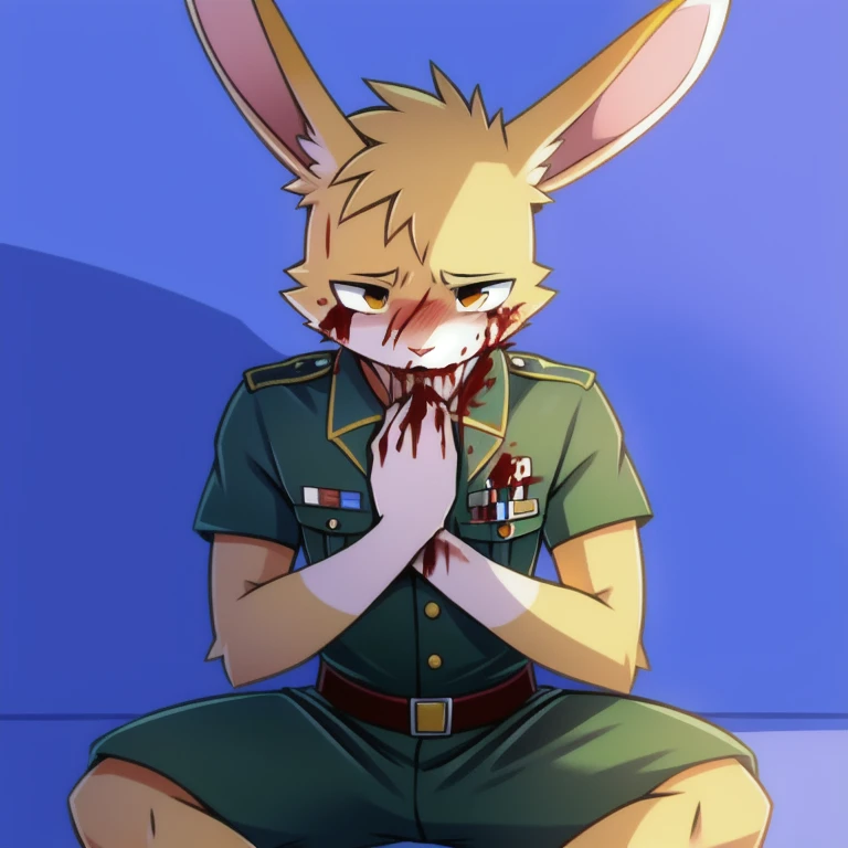 solo, male, rabbit, yellow colored fur, lean body, anthropomorphic rabbit, sitting down, bleeding from chest,  holding chest wound, blood dripping from mouth, lifeless expression, soldier uniform