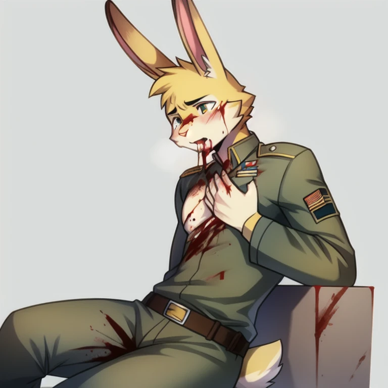 solo, male, rabbit, yellow colored fur, lean body, anthropomorphic rabbit, sitting down, bleeding from chest,  holding chest wound, blood dripping from mouth, lifeless expression, soldier uniform