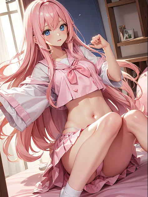 Beautiful illustration、top-quality、cute girl ed room、A pink-haired、Long whit hair、(((Pink pleated skirt)))、(((pink sailor suit)))、shortsleeves、Colossal tits、a navel、Flipping up the skirt with your hands、Showing white panties、Pull up the skirt，Obviously the...