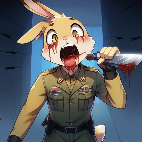 solo, male, rabbit, yellow colored fur, lean body, anthropomorphic rabbit, barely standing, bullet holes in body, open surprised eyes, bleeding from mouth, dropping knife, soldier uniform