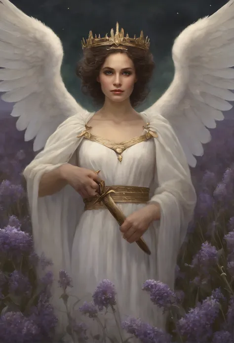 真实感, dark fantasy style, John Tolkien style, Small painting by Jean-Baptiste Monge, portraite of a, looks from the front, Soft facial features,  An angel girl stands in the center of a lavender field,     ,Human Hand, Very clear without flaws with five fin...