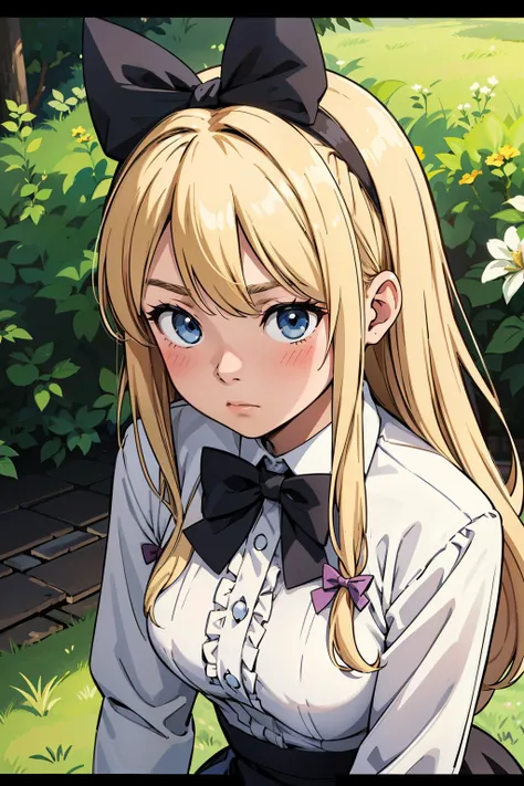 detailed_background,outdoors,blonde hair,hair bow,pixelated,blush,leaning forward,luca (kuruton486),black bow,huge bow,highres,1girl,letterboxed,solo,kuruton486,sick,white shirt,blue eyes,shirt,bow,parted bangs