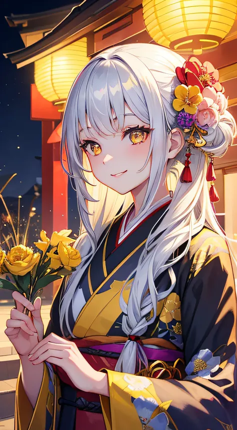 1girl, silver long hair, yellow eyes, smiling, intricate kimono with flower patterns, flower hair ornament, (night), festival, fireworks, stalls, lanterns, 8K, warm lighting, perfect clothes, perfect anatomy, perfect eyes, perfect face, sharp resolution, (...