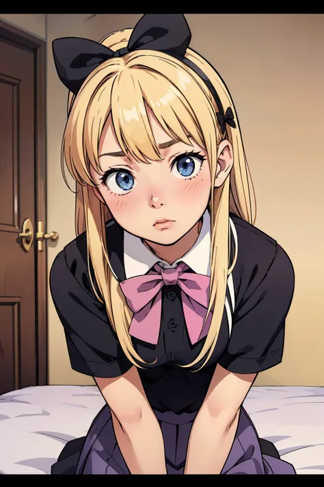 detailed_background,bedroom,blonde hair,hair bow,pixelated,blush,leaning forward,luca (kuruton486),black bow,huge bow,highres,1girl,letterboxed,solo,kuruton486,sick,pink casual shirt,blue eyes,shirt,bow,parted bangs