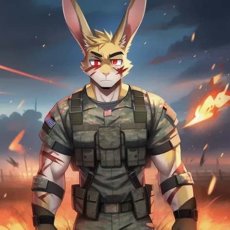 solo, male, rabbit, yellow colored fur, lean body, anthropomorphic rabbit, shoulder on fire, torn uniform, soldier uniform, bloodshot eyes, thousand yard stare, body scars, army uniform