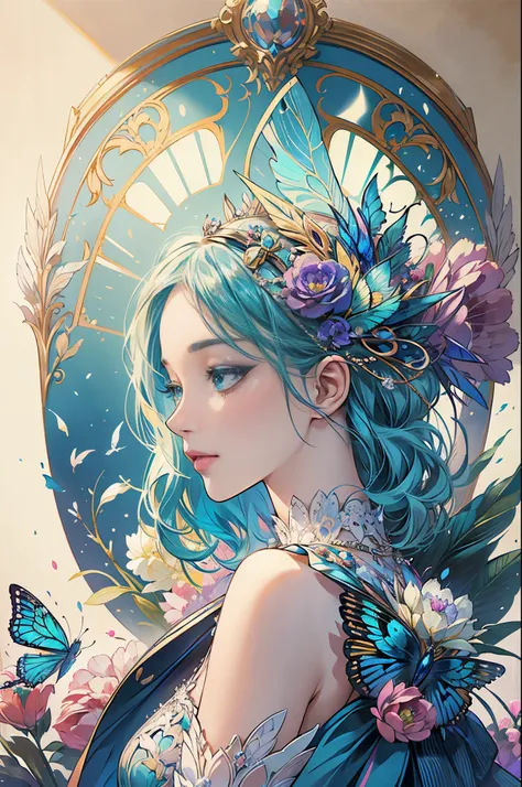 Butterfly motif、Blue Undertone、Vibrant colors、((​masterpiece)))、(((top-quality)))、((ultra-detailliert))、(A hyper-realistic)、(highly detailed CGillustration）、Official art、Luxembourg in the early 20th century、Decadent、Madame Papillon、Cool Beauty、Masquerade、s...