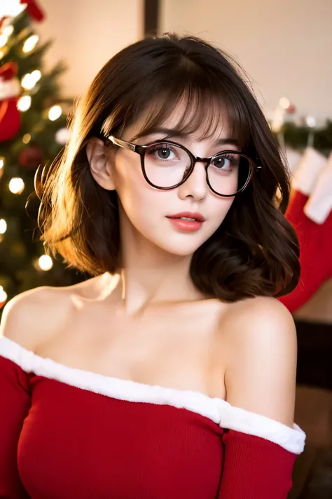 Adult beauties、Black-rimmed round glasses、A sexy、RED dress、Brown hair、perm、Christmas