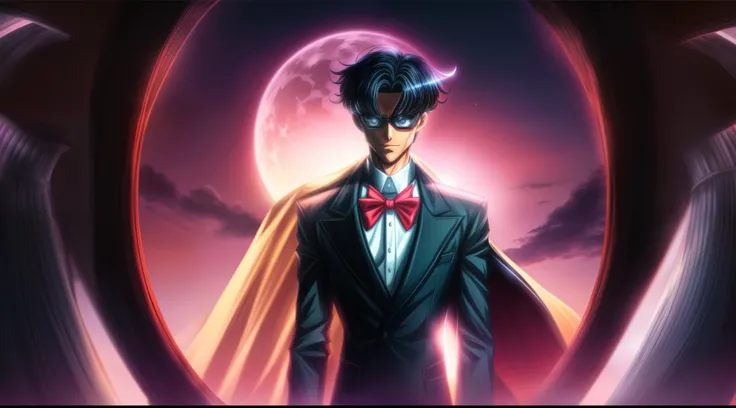 Tuxedo Mask from Sailor Moon standing confidently in a dramatic spotlight, on eye level, scenic, masterpiece.