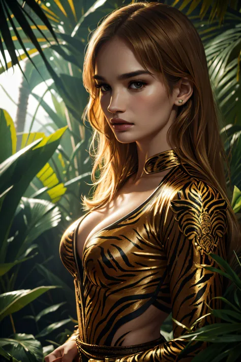 Lily James, wearing tiger sexy clothes. professionally retouched, soft lighting, realistic, smooth face, perfect eyes, sharp focus on eyes, 8 k, high definition, insanely detailed, intricate, elegant. in a jungle background.