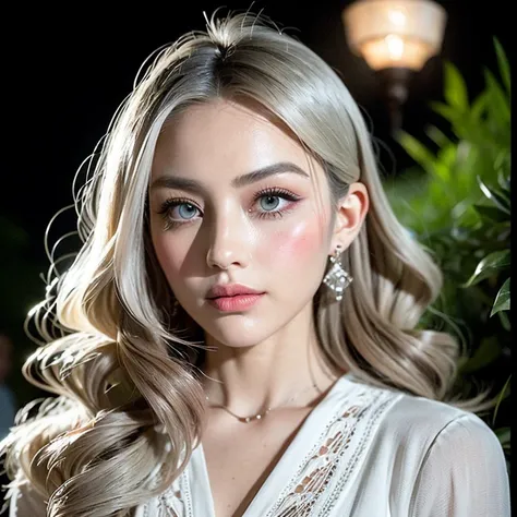 Symmetrical Elegance at the Moonlit Masquerade with Platinum Blonde Hair:

"Generate a captivating portrait featuring a 28-year-old Italian model with platinum blonde hair. Envision her in a sophisticated ensemble for a moonlit masquerade. Her gown, an ele...