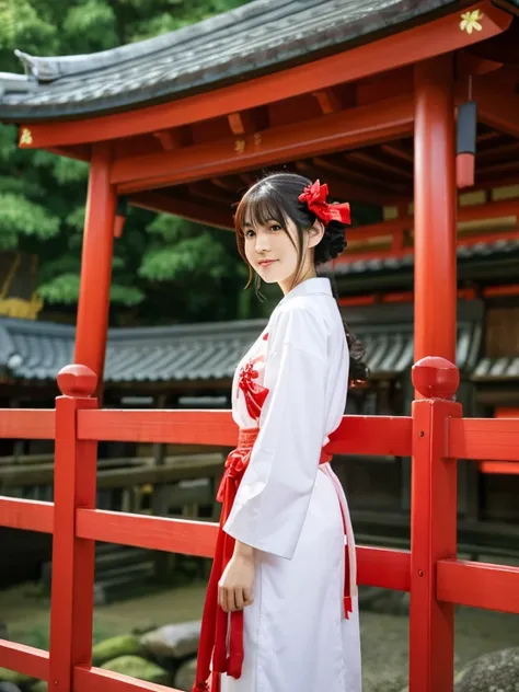 Reimu_hakurei, Standing Back, shrine maiden, shrine background,