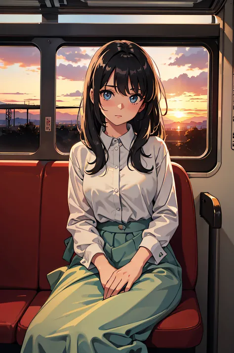 Beautiful eyes, Looking out the window, Front view, Cowboy Shot, Expansive scenery, The sunset outside the window that is about to turn into night, 1 woman, 20 years old, Beautiful hairstyle, In the train car, Sitting on a chair,