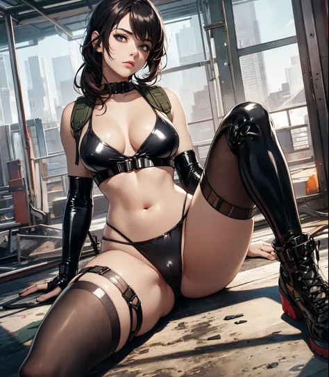 masterpiece, best quality, best illustration, HDR, beautiful details, intricate details, detailed scenery, dramatic light, best shadow, (medium body shot), quiet from Metal Gear Solid, on the floor, big breasts, black latex bikini_top, black thong, thorn b...