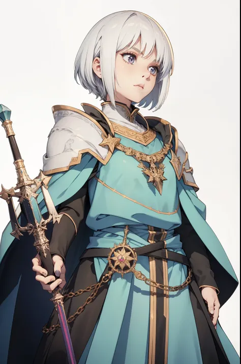 one female, 16 years old, short white hair, detailed, emotionless face, wearing a shoulder pad, a mage's robe, holding a mage's ...