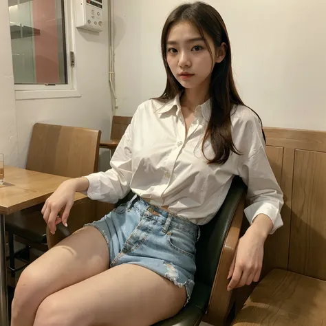 Skinny beautiful Korean girl, 18 years old, pretty girl, kpop idol look, big breast, sitting on a chair in a cafe, white oversized button up shirts