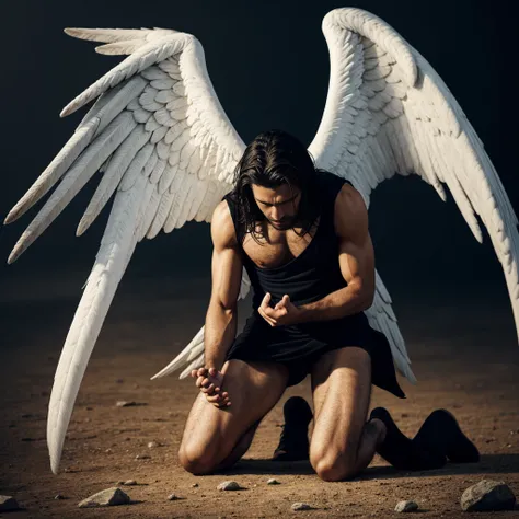 there is a man kneeling down with wings spread out, a hyperrealistic painting by Ahmed Karahisari, pixabay contest winner, happening, the angels are crying, fallen angel, angels protecting a praying man, angel protecting man, emotional picture, biblical ac...