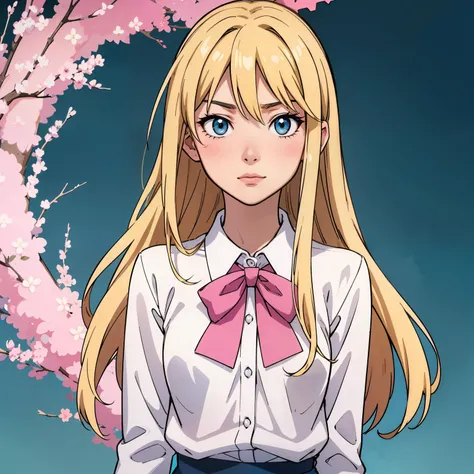 (Best Quality, anime sharp eyes), detailed_background,teal background, closeup, sharp look, mature, blonde hair, long hair, straight hair, hair bow,pixelated,blush ,luca (kuruton486),highres,1girl,letterboxed,solo,kuruton486,pink casual shirt,blue eyes,shi...