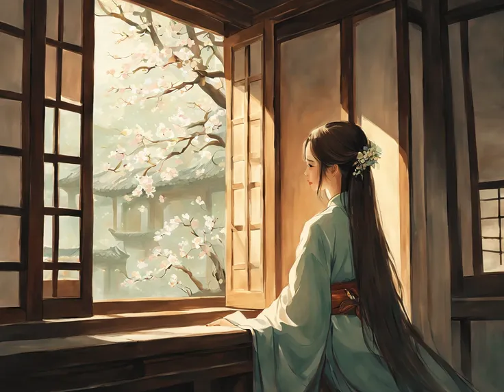 painting of ancient china, there is a back of a young girl sitting in a room in an ancient china house, the young girl has long flowing hair, she is wearing hanfu and looking out of the window seeing the tree outside, the window is in rounded shape, spring...