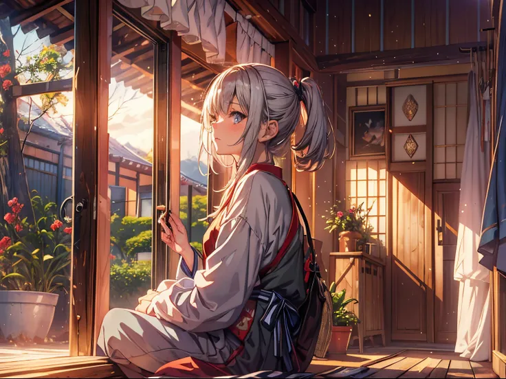 (​warm art), masterpiece, best quality, ultra detailed beautiful face and eyes, japanese anime style, girl with, relax vibe, cinematic angle, depth of field, Looking blankly outside the room, (looking away:1.3). Sitting on a cushion, sliding window, japane...