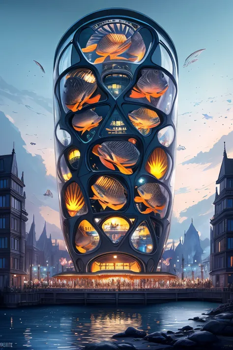 fantasy concept art, the transparent building resembles a giant aquarium at night，There are fish in it, beautiful lighting, wide wide shot, 8k 辛烷值渲染, realisticlying, epic shot, 电影灯光, Detailed architecture, Detailed fish