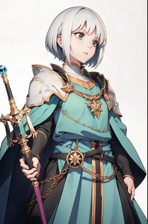 One female, 16 years old, short white hair, detailed, emotionless face, wearing a shoulder pad, a mages robe, holding a mages staff in hand, front camera, white background