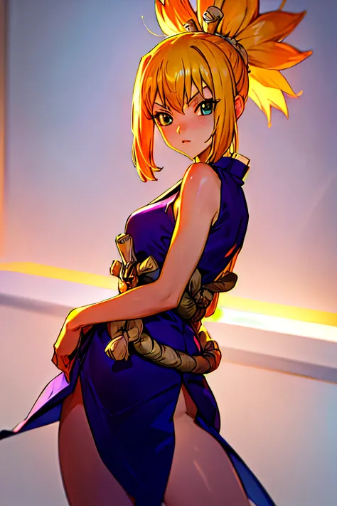 masuter piece, Best Quality, 超A high resolution, top-quality, Anime style, The best lighting, Beautiful face, Dr. stone statue, kohaku, a blond, Tie your hair back, Purple sleeveless dress, rope belt at waist