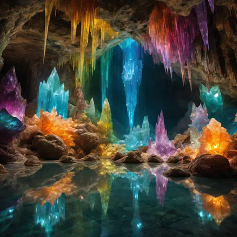 rainbow crystal cave,twinkle light,sparkling gemstones,aglow with shimmering stalactites and stalagmites,colorful reflections,a ...