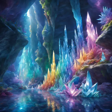 rainbow crystal cave,twinkle light,sparkling gemstones,aglow with shimmering stalactites and stalagmites,colorful reflections,a ...