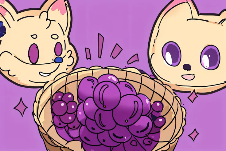 purple grapes in basket，fox and black cat，background blue