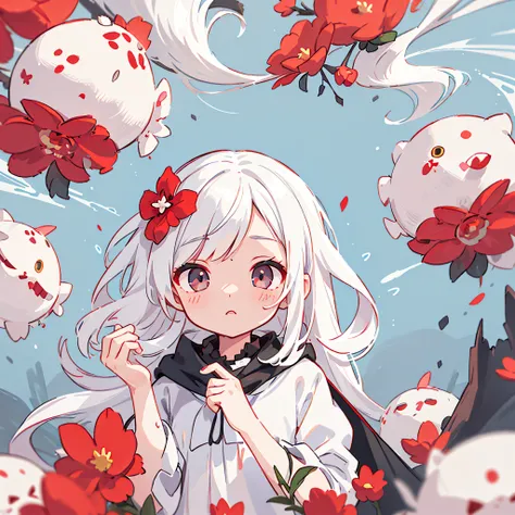 1girl,solo,1girl,solo,((beautiful detailed eyes)), (detailed light),depth of field,(white hair),silver eyes,hair over one eye,(red flower ), hair flower,long hair,black cloak,wet,emotionless,looking back,night,starfall,raining,fog,red flowers falling,sketc...