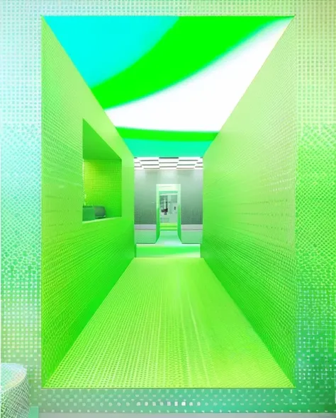 Have a green and white bathroom，Comes with toilet and sink, Green flooring, infinite corridor, liminal space corridor, Extremely luminous and bright design, Vibrant green plants, Vibrant green, vibrant volumetric natural light, green alley, futuristic hall...