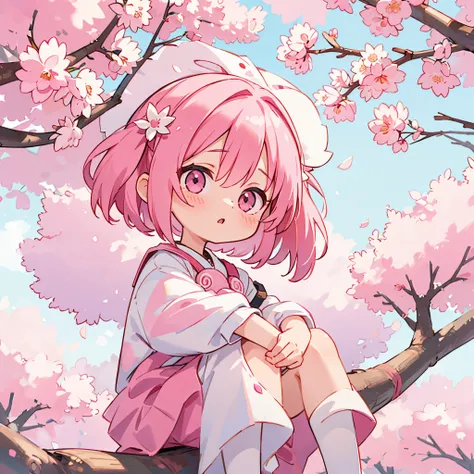 masterpiece, best quality, cute, kawaii, 1girl, pink hair, pink eyes, sakura tree, centered