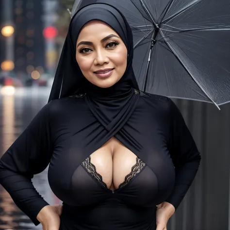 56 years Old, Indonesian Hijab milf, Ultra Droopiest gigantic saggiest longest mature tits : 96.9, wearing tight Blouse, Wearing Tight Bra, Her bra cannot cover her Gigantic breast, Busty body, Wet body, rainy atmosphere, heavy rain, at central park, full ...