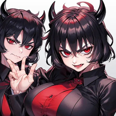 modeus(helltaker), drool, formal, black horns, large breasts, extreme face ahegao, nudie, red-eyes,