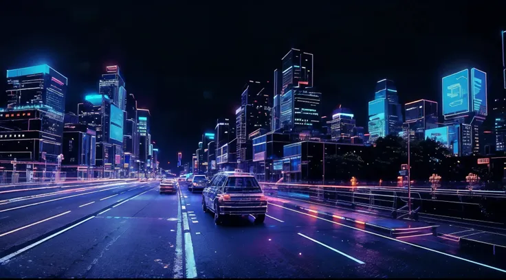 at night, futuristic sci-fi cyberpunk city, city road, skyscrapers at the end of the road, the movie "ghost in the shell" style,...