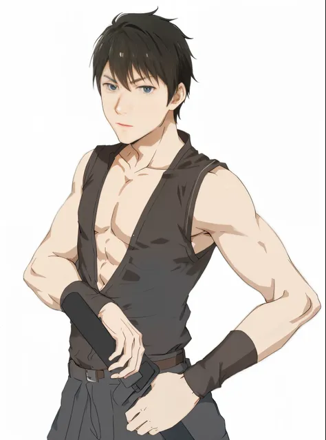 anime guy with a shirt on and a belt around his waist, anime handsome man,