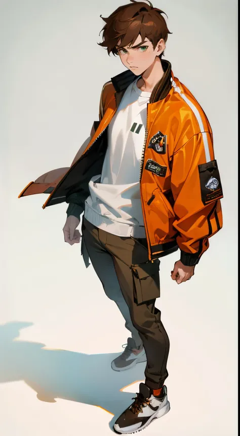 Male young teen, brown hair, green eyes , white shirt, orange/black varsity jacket, brown cargo pants, white sport sneakers, full body, standing straight, 4k, realistic, white background, looking at spectator, serious face modern clothes, anime style