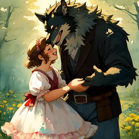 watercolor, soft color, Vintage images, highres, unparalleled masterpiece, absurdres, love story of human Child girl and giant Werewolf, love romance, family photograph, pair, Height difference, Physical difference, perfect anatomy, smile, joyful, play wit...