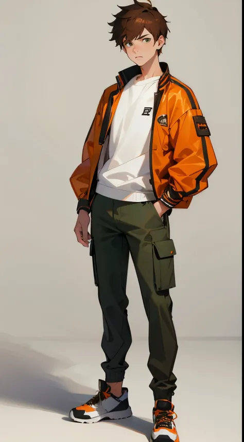 Male young teen, brown hair, green eyes , white shirt, orange/black varsity jacket, brown cargo pants, white sport sneakers, full body, standing straight, 4k, realistic, white background, looking at spectator, serious face modern clothes, anime style