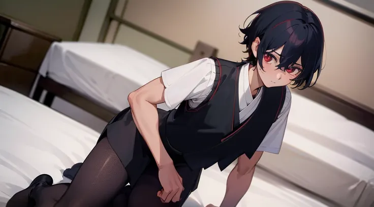 (quality, tmasterpiece: 1.3)boy wearing women&#39;s clothing，Short black hair，red eyes，shy，Brown skin，kneeling on a bed，Wearing black tights and black fishnet stockings，Vest line，Slightly muscular，Elaborate Eyes，s delicate face，Great pictures，japan manga s...