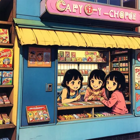 retro　1970s landscape　TOKYOcty　animesque　Candy shop　children laughing　early afternoon