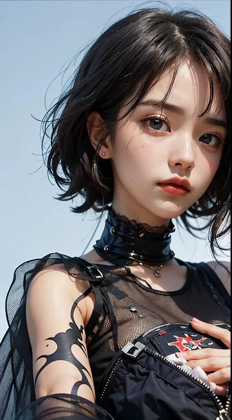 An ultra-high picture quality、japanes、1 woman around 20 years old、Black hair、short-cut、Beautiful face with blue eyes、A detailed face、Detailed eyes、realisticeyes、Detailed skin、realskin、Detailed hair strands、dishevled hair、disheveled hair、Slim body、Beautiful...