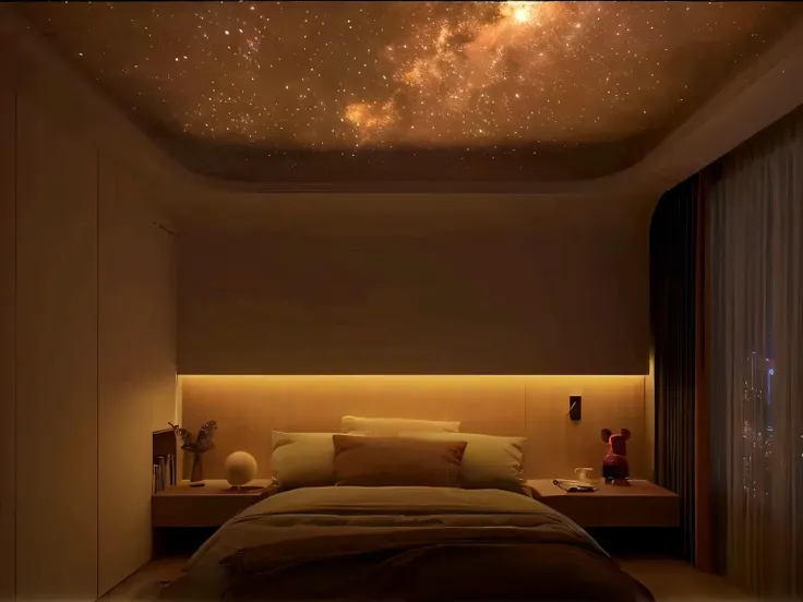 Fader bedroom with bed and night sky ceiling, Galaxy theme room, Magical and dreamy atmosphere, Starry sky at night, beautiful space, tatami galaxy, Starry Sky 8K, Very good ambient light, mysterious ambient lighting, Realistic space, Personal room backgro...