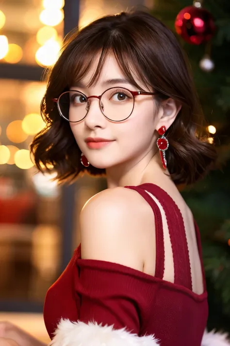 Adult beauties、Black-rimmed round glasses、A sexy、RED dress、Brown hair、perm、Christmas、Cute earrings