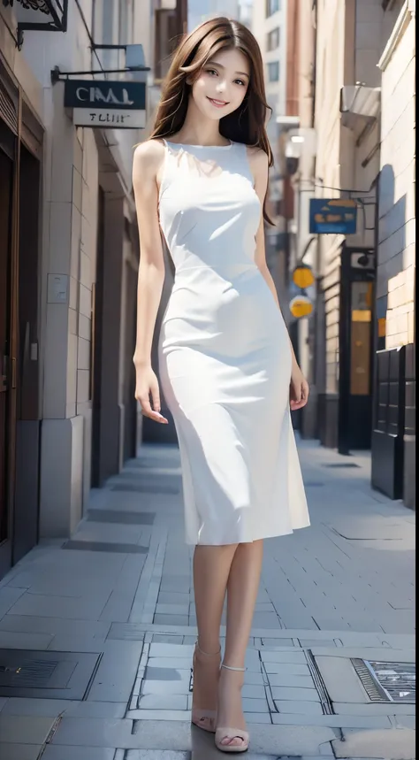 ((Best quality, 8k, Masterpiece :1.3)), 1girl, smiling, full body, slim face, Pretty woman, (Dark brown hair), full length dress :1.1, Ultra-detailed face, Detailed eyes, Double eyelid, blur background, slim face, city, outside, street,