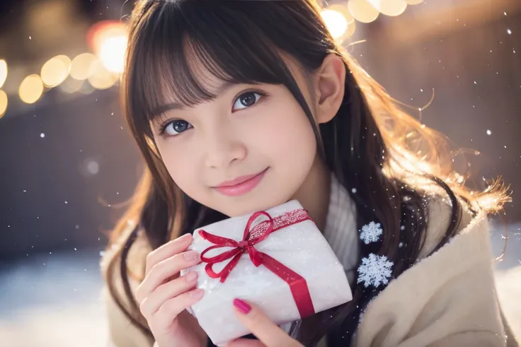 christmas eve girl,Beautiful detailed eyes,Beautiful detailed lips,extremely detailed eye and face,long eyelashes,Christmas themed clothing and accessories,Cute smile,Enjoy the festival atmosphere,Comes with a beautifully wrapped gift box,outdoor snow scen...