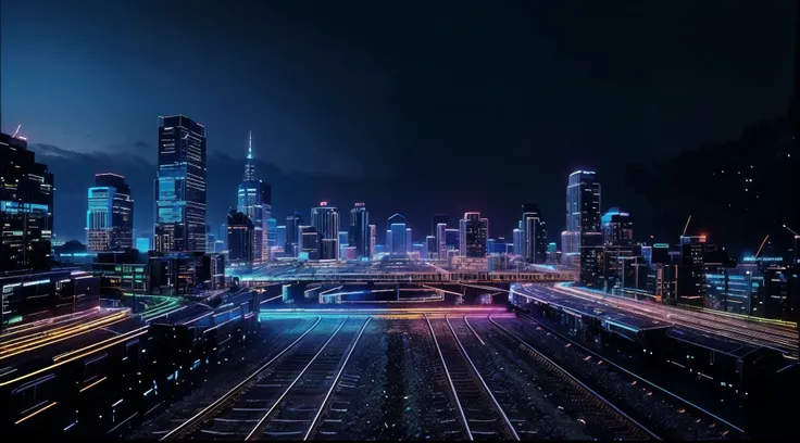 at night, futuristic sci-fi cyberpunk city, railway station, distant skyscrapers as background, the movie "Blade Runner" style, hq